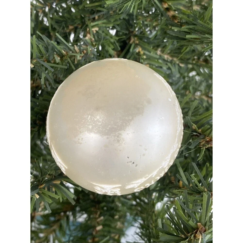 Vintage White Made USA MERRY CHRISTMAS Mica Stenciled Ball Ornament Holiday